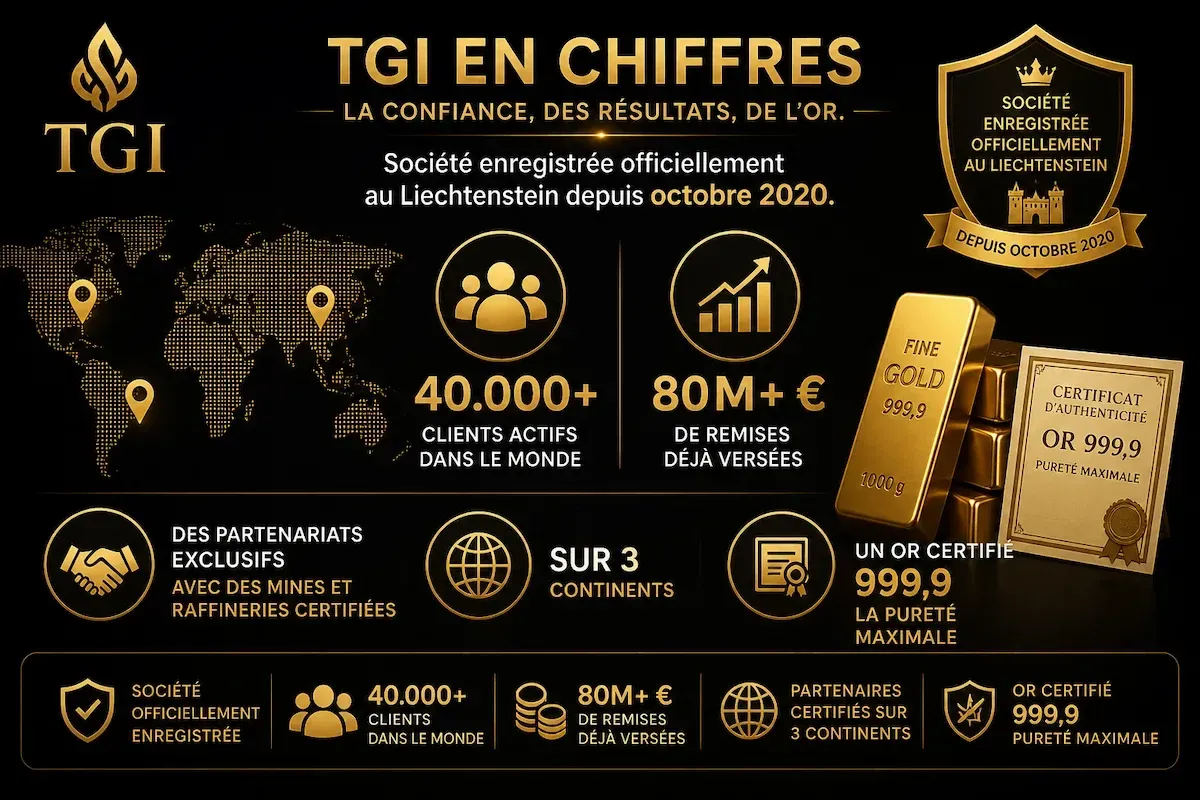 Infographie TGI présentant les chiffres clés de la société, l’or certifié 999,9, les clients internationaux et les remises versées dans le domaine de l’investissement en or physique