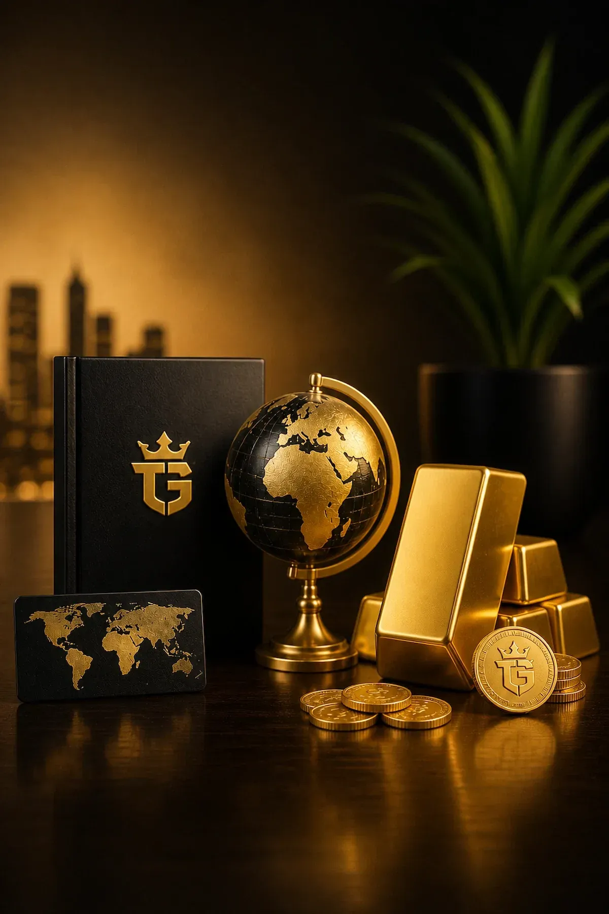 Lingots d’or, globe et pièces TGI illustrant la diversification du patrimoine, la protection financière et l’investissement international dans l’or physique