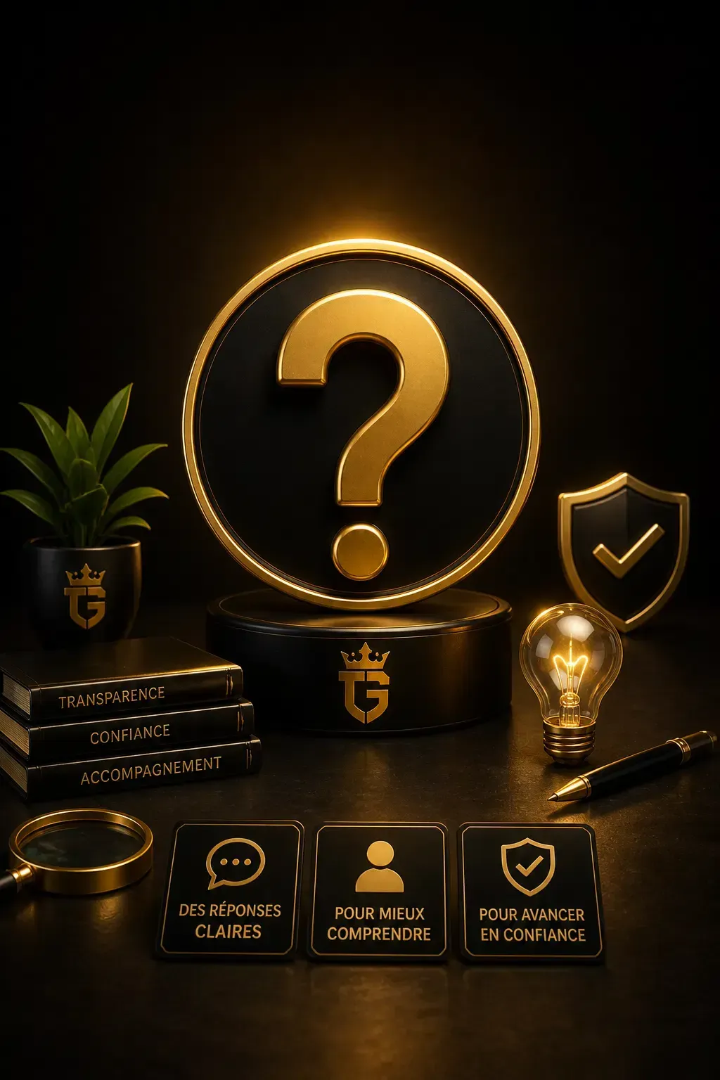 Illustration FAQ TGI avec symbole de question, sécurité financière et accompagnement pour mieux comprendre l’investissement en or physique