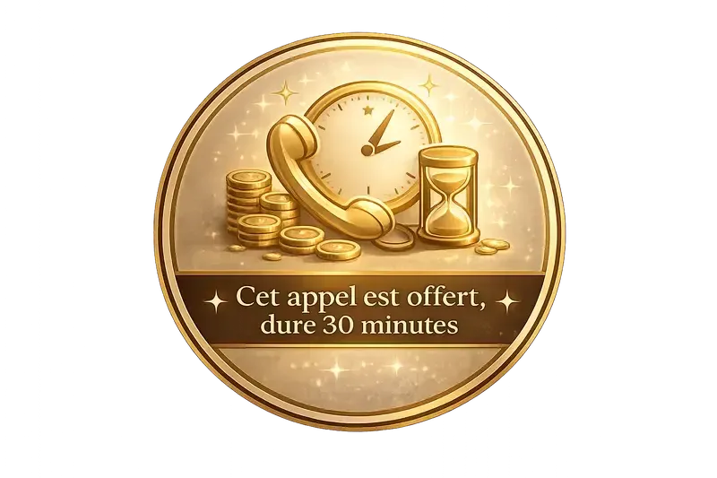 Icône élégante représentant un appel découverte gratuit de 30 minutes, avec téléphone, horloge et symboles de temps dans des tons dorés premium.
