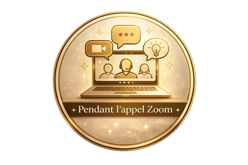 Illustration premium représentant un appel Zoom découverte autour des voyages, avec ordinateur portable, participants en visioconférence et ambiance élégante dorée.