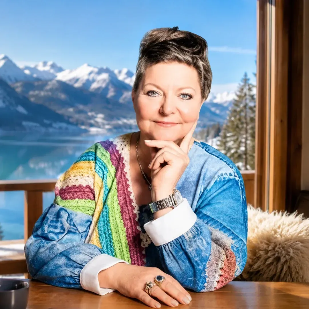 Helles Porträt von Annemarie Andrey vor einer verschneiten Alpenlandschaft, das Inspiration, Freiheit und einen besonderen Lifestyle verkörpert.
