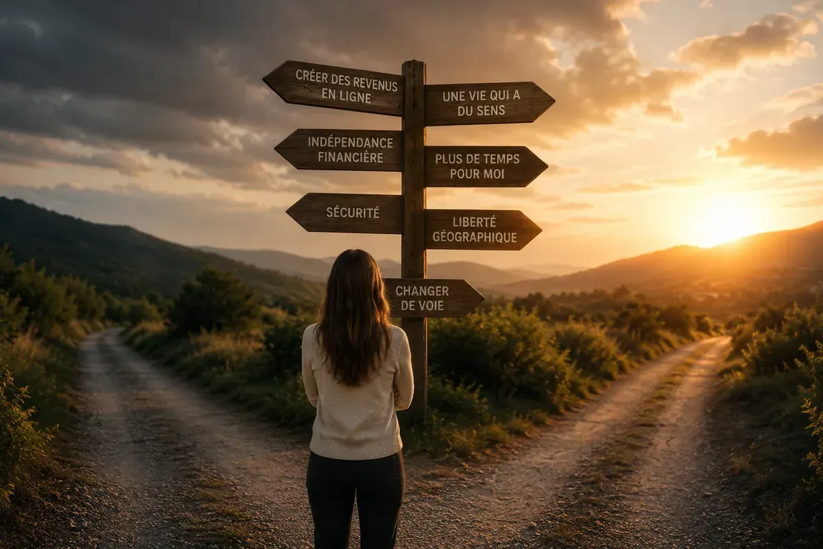Femme face à plusieurs directions de vie au coucher du soleil, symbolisant le choix d’un projet aligné, la liberté financière et la recherche d’une nouvelle voie.