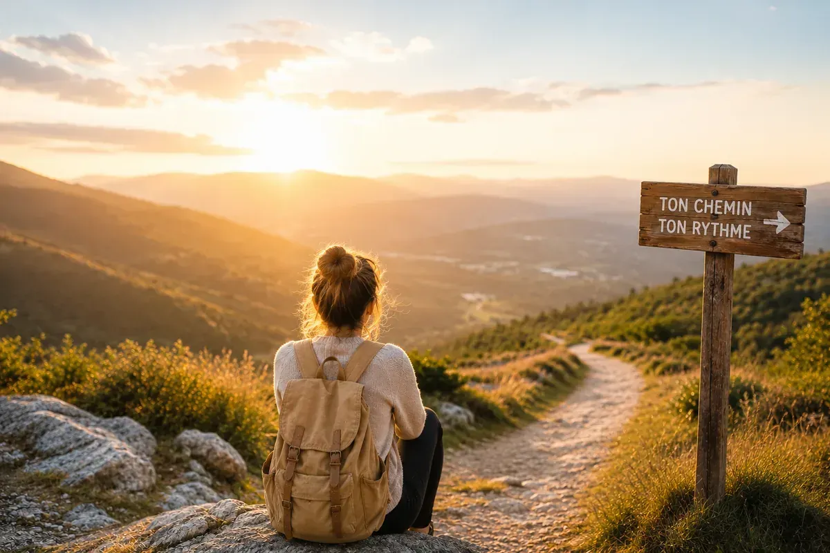 Femme assise face à un paysage lumineux au coucher du soleil, observant un chemin symbolisant l’alignement, la confiance et une nouvelle direction de vie.