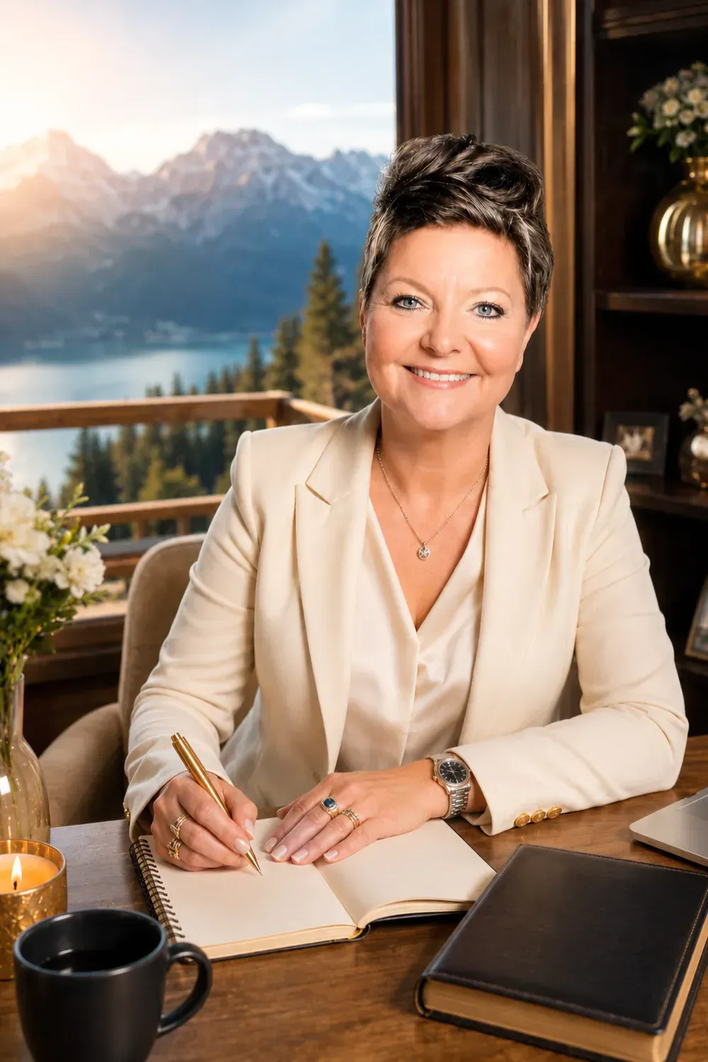 Portrait professionnel et inspirant d’Annemarie Andrey souriante dans un cadre élégant face aux montagnes et au lac, symbolisant la liberté, la confiance et un nouveau départ.