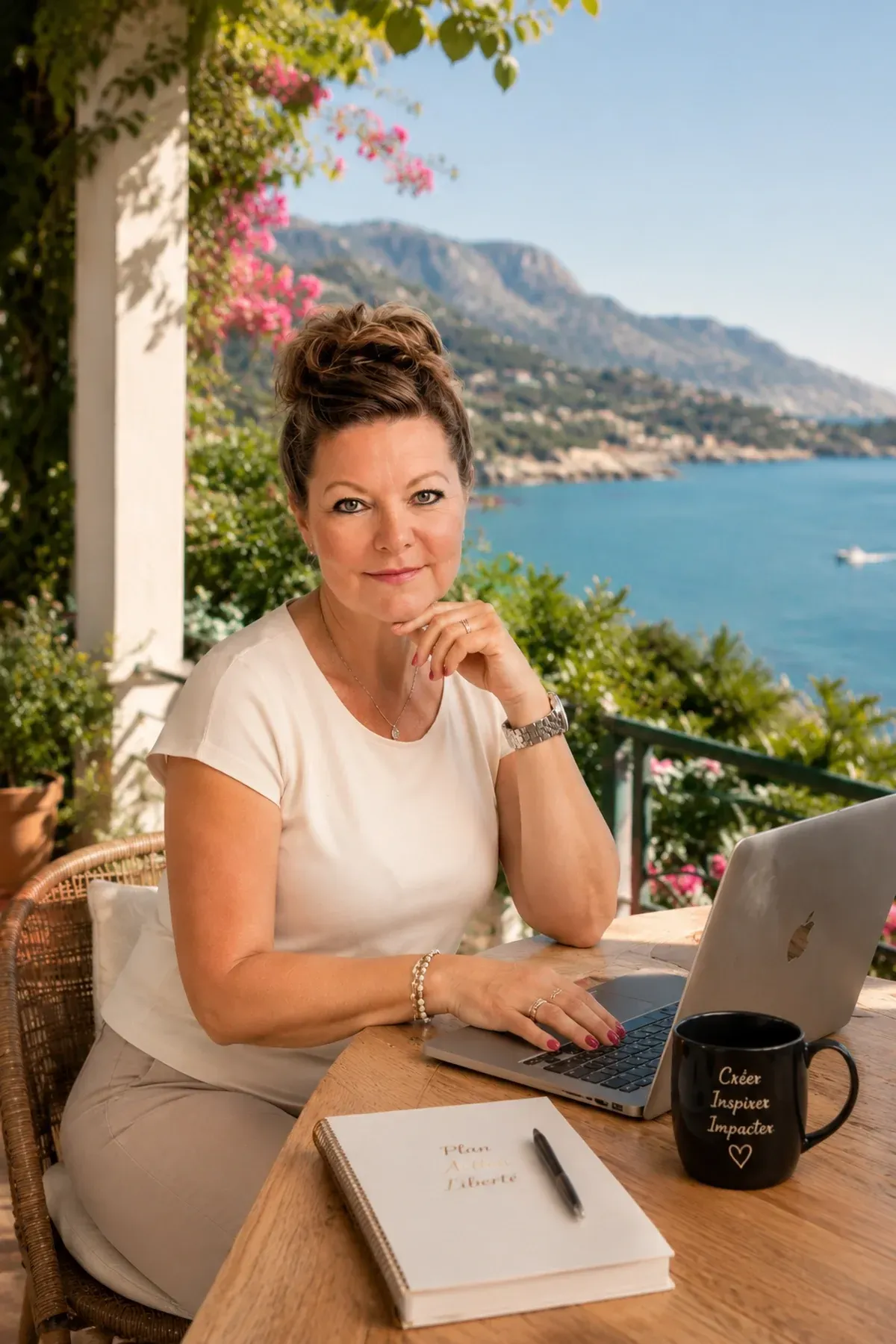 Portrait d’Annemarie Andrey travaillant sur son ordinateur portable face à une vue mer et montagne, dans un cadre lumineux et inspirant mêlant entrepreneuriat, liberté et lifestyle voyage.