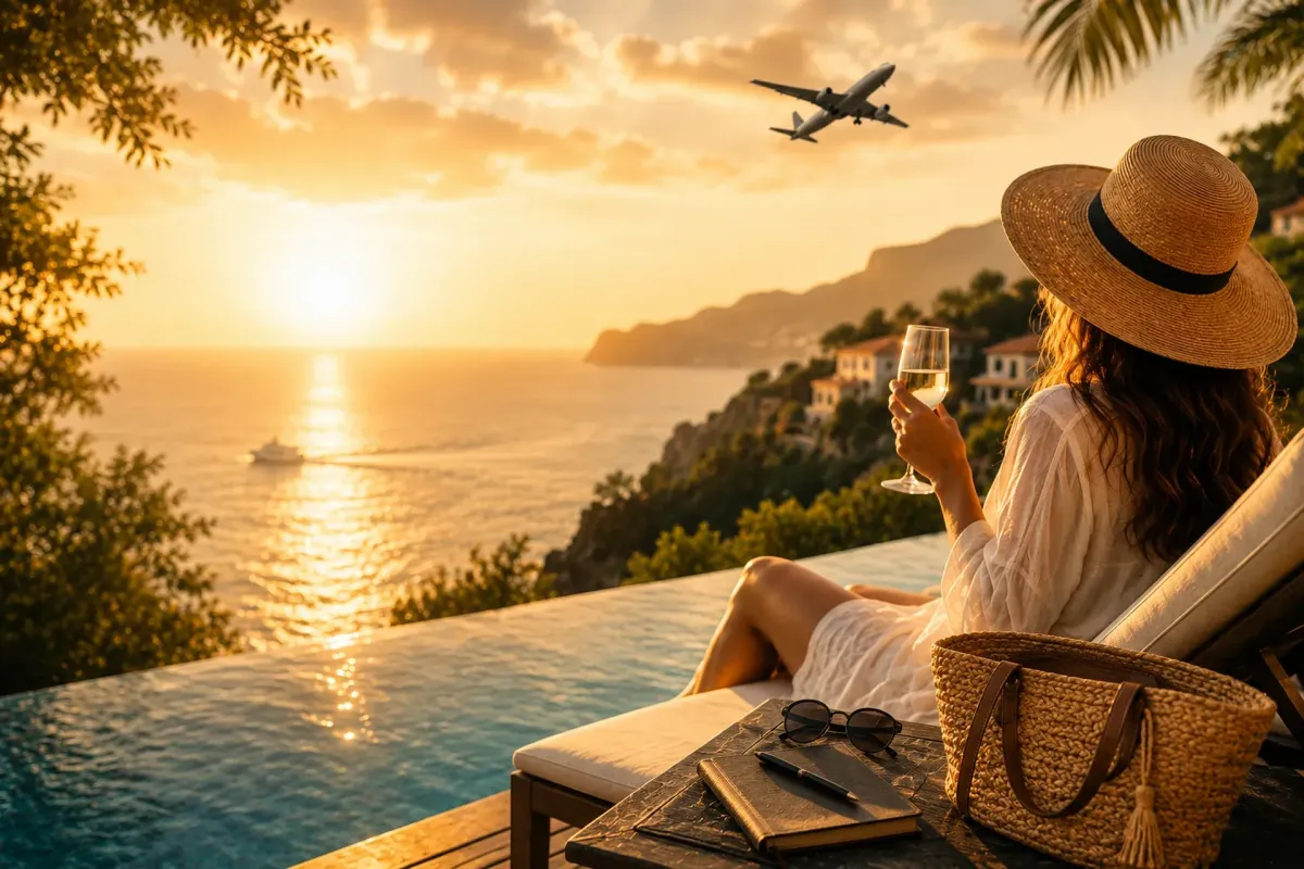 Jeune femme profitant d’un coucher de soleil dans un resort de luxe avec vue sur la mer, symbole de liberté, de voyage haut de gamme et de lifestyle inspirant.