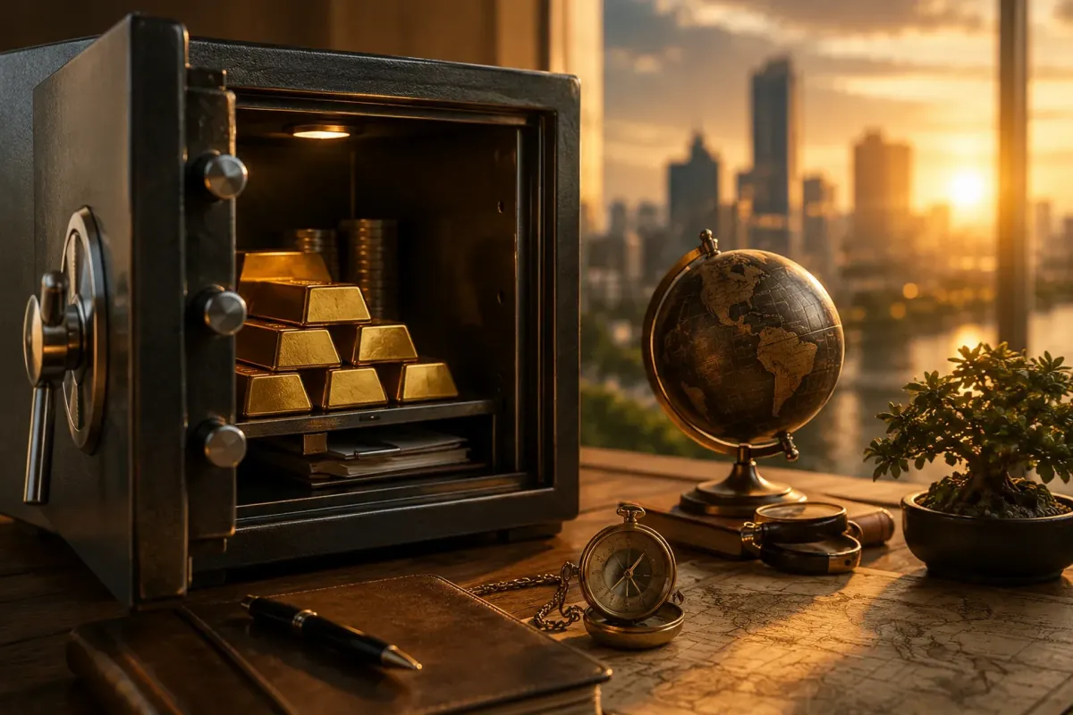 Coffre-fort ouvert contenant des lingots d’or dans un bureau élégant avec vue sur la ville au coucher du soleil, symbole de sécurité financière, de patrimoine et d’investissement intelligent.