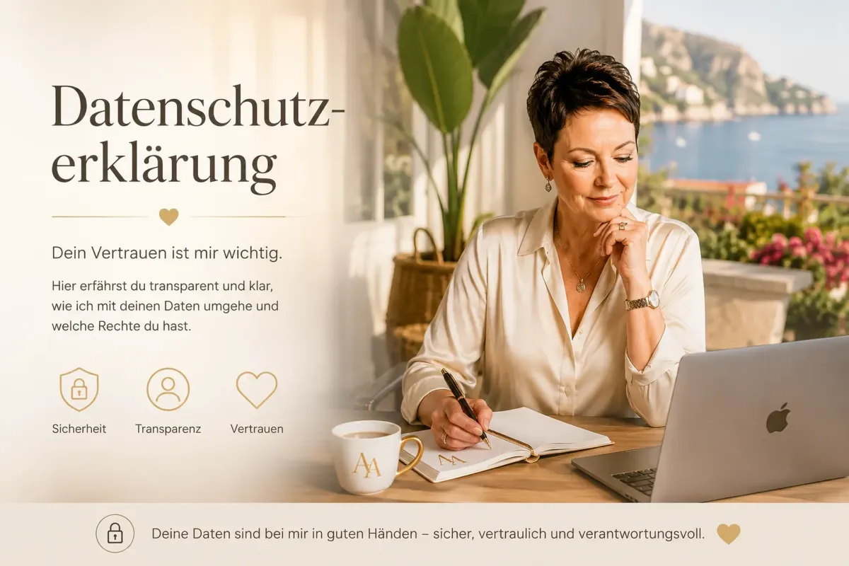 Professionelles Impressum-Banner von Annemarie Andrey mit stilvollem Arbeitsplatz, mediterranem Hintergrund und Symbolen für Transparenz, Vertrauen und rechtliche Informationen.