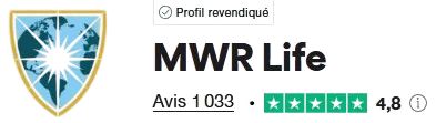 Logo de MWR Life, une plateforme de voyages premium et de cashback, avec une notation élevée de 4,9 étoiles sur Trustpilot, soulignant la qualité et la satisfaction des membres.