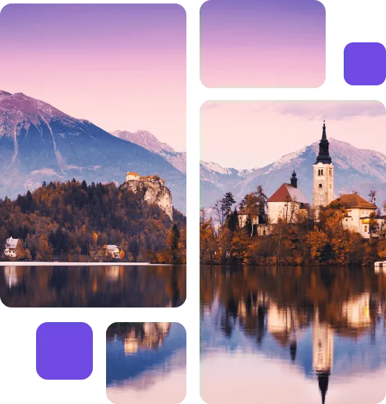 Vue pittoresque du lac de Bled en Slovénie, avec l'église de l'île de Bled reflétée dans l'eau calme et entourée de montagnes majestueuses sous un ciel coloré au coucher du soleil.