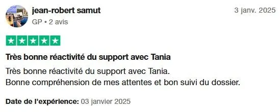 Témoignage de Jean-Robert Samut sur Trustpilot, soulignant la réactivité et l'efficacité du support client de MWR Life, en particulier l'assistance de Tania, pour la bonne compréhension et le suivi de son dossier.