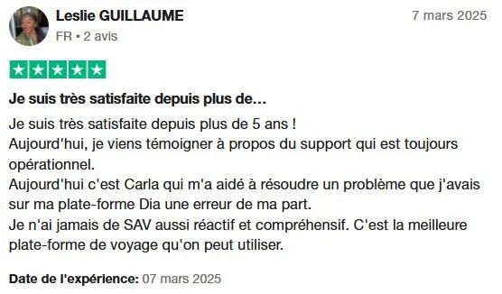 Témoignage de Leslie GUILLAUME sur Trustpilot, exprimant sa satisfaction de plus de 5 ans avec MWR Life, mettant en avant l'efficacité du support client et de l'assistance pour résoudre un problème sur la plateforme.
