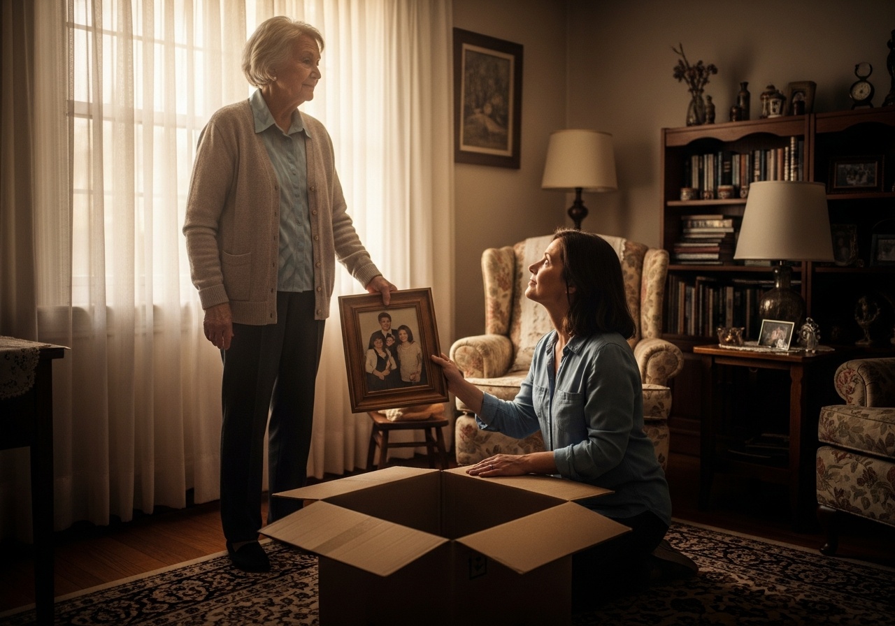 A daughter helps her elderly mom pack family pictures 