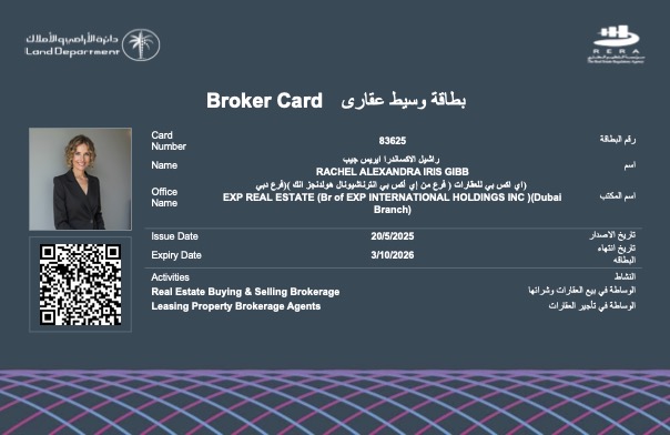 Dubai RERA broker registration card for Rachel Gibb showing BRN 83625 for client verification before buying luxury apartments, villas, or townhouses in Dubai.