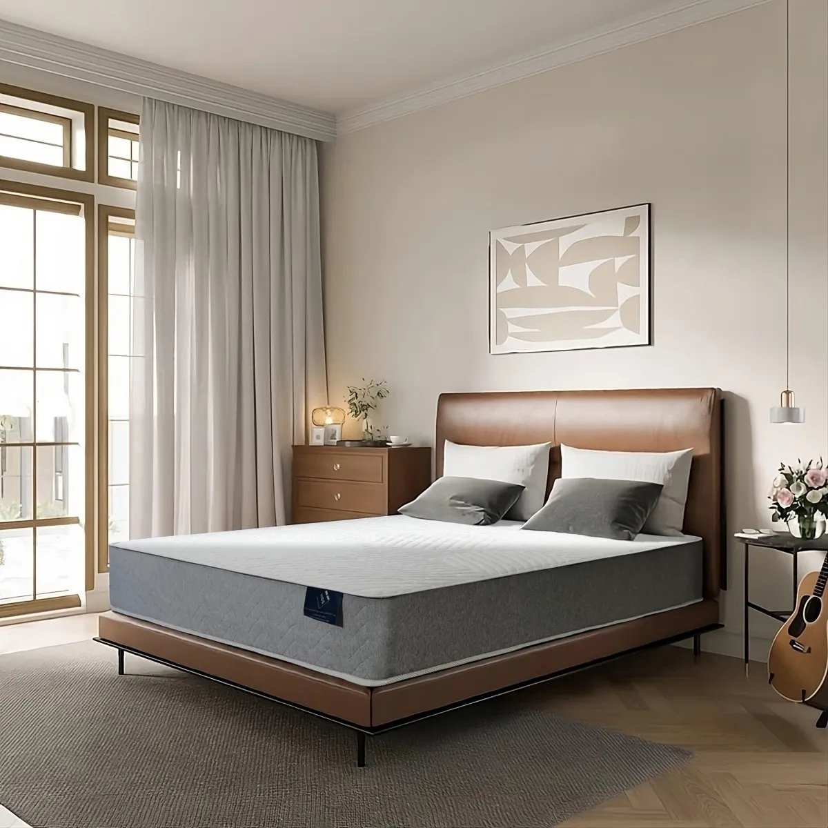 Promotional imagery: tall product shot of SomniLux Solis mattress, studio-lit, isolated from background.