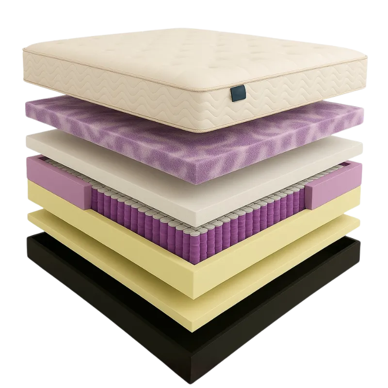 Feature image of a boutique hotel room bed made with SomniLux mattress, warm ambient lamp lighting, tasteful decor and textured linens; photorealistic, inviting atmosphere.