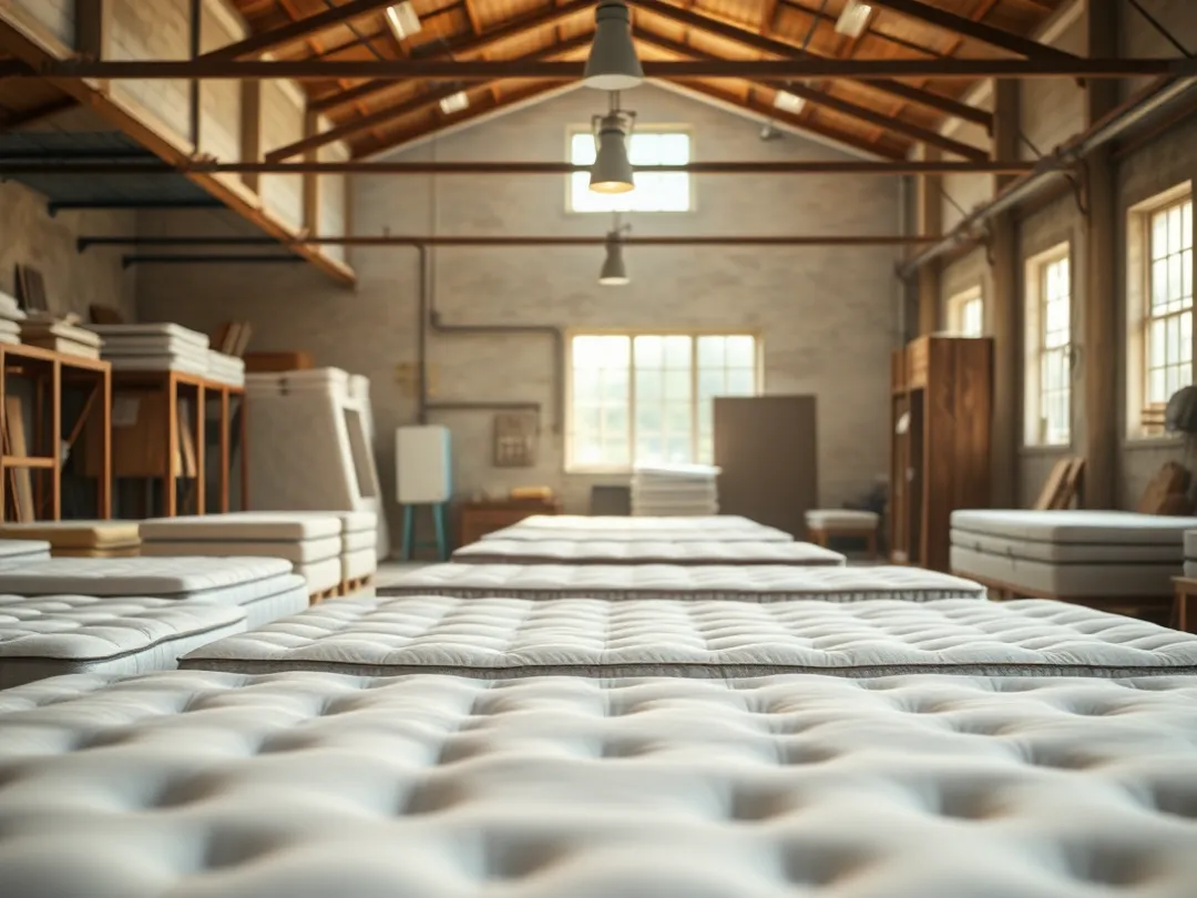 Heritage archival photo: classic SomniLux factory scene in high-quality black-and-white style, showcasing early mattress craftsmanship and historical tools