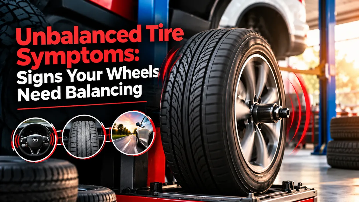 Unbalanced tire symptoms showing a car wheel on professional balancing equipment in an automotive workshop, highlighting the need for wheel balancing.