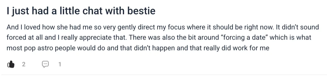 A member's Coven post, "I just had a little chat with bestie," about Astro Bestie gently pointing their focus to where it should be right now