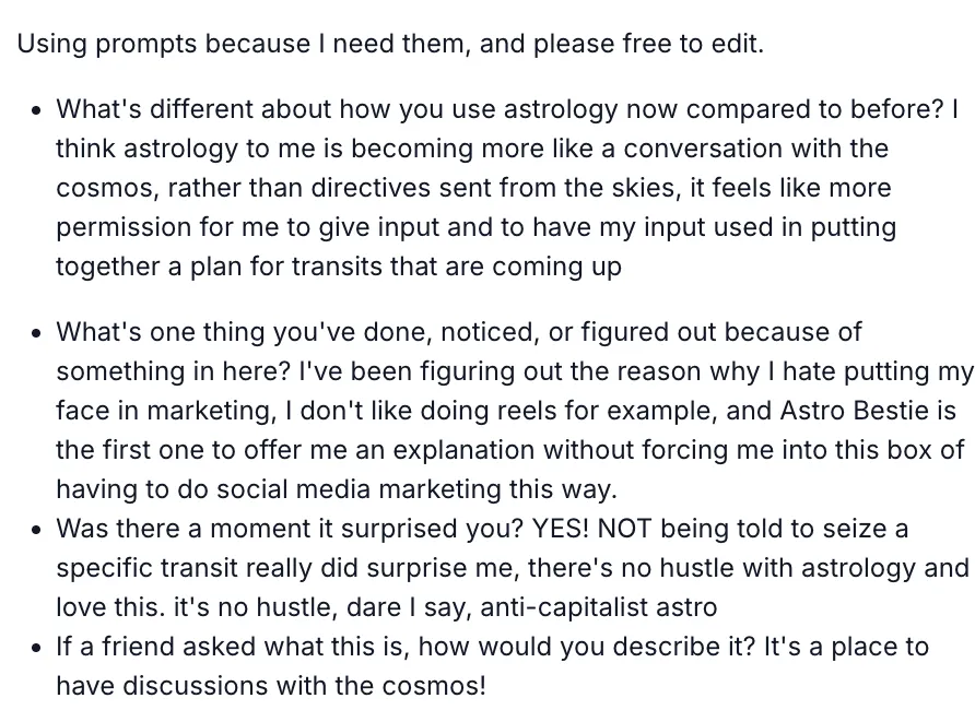 A member's answers to feedback prompts, describing Astro Bestie as "a place to have discussions with the cosmos"