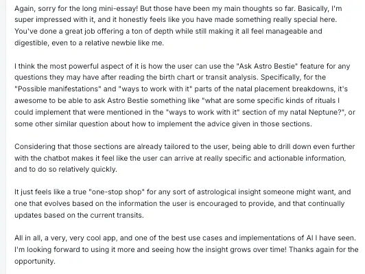 A member's written feedback calling Astro Bestie a one-stop shop for astrological insight that updates with the current transits