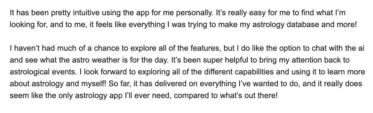 A member's feedback: "it feels like everything I was trying to make my astrology database and more"