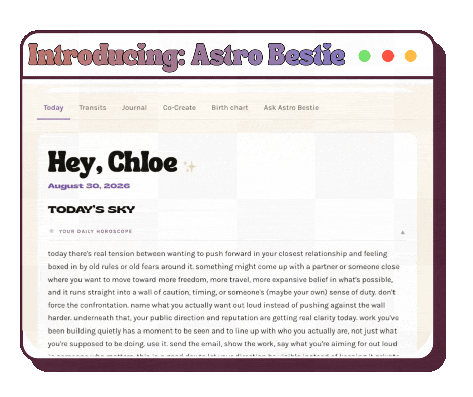 Astro Bestie walkthrough: the Today screen with your daily horoscope, your transits, the journal, Co-Create and your full birth chart breakdown