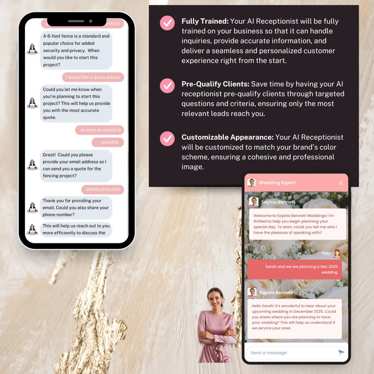 Mockup of ChicAI Receptionist chat conversation.