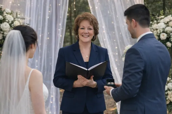 Wedding officiant leading a personalized outdoor wedding ceremony as the couple exchanges rings.