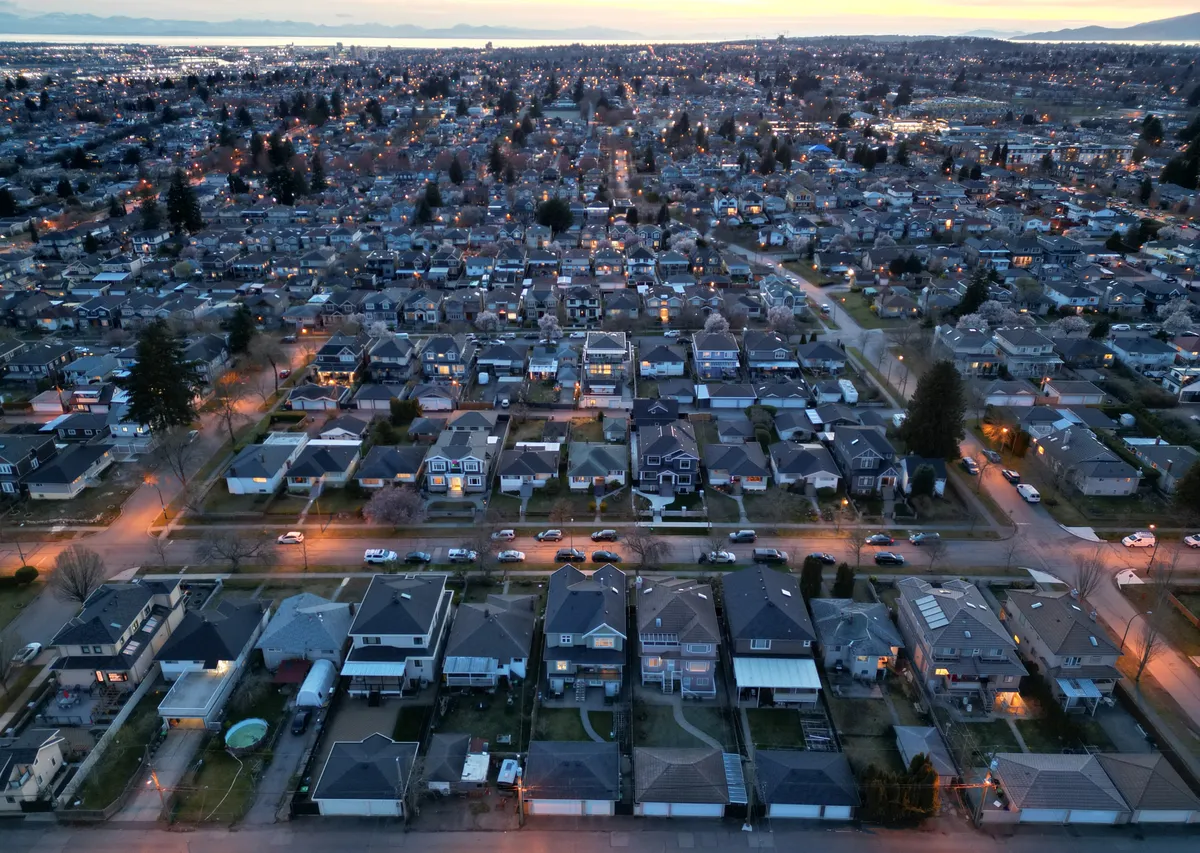 Aerial view of a city neighborhood at night