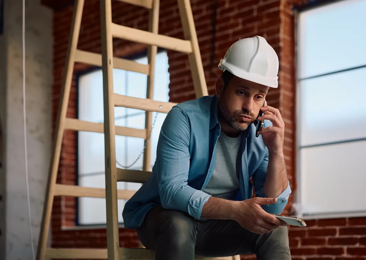 Contractor sitting on a ladder at a job site, phone in hand