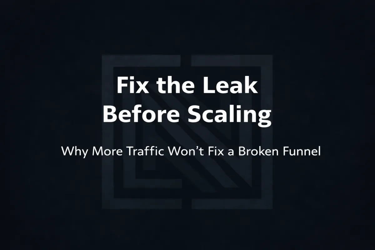 navy blue background with the tile saying Fix the leak before scaling.