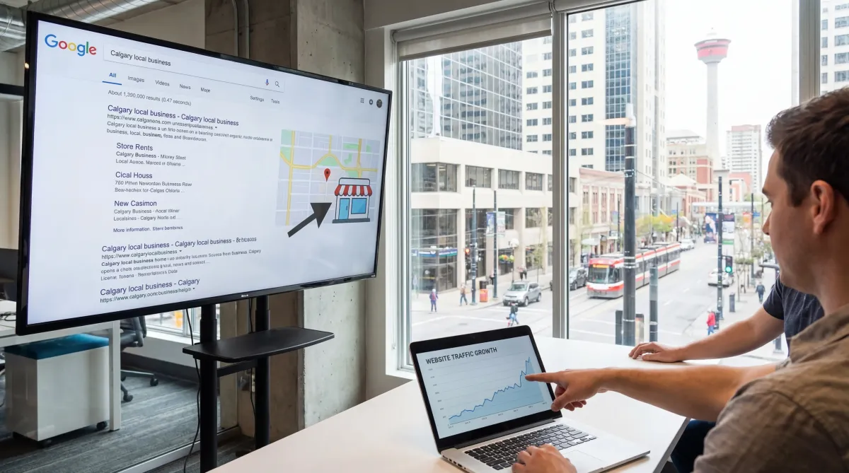 Person sitting in a modern downtown Calgary office with the Calgary Tower in the background, showcasing AutoConnect CRM SEO and local marketing services.