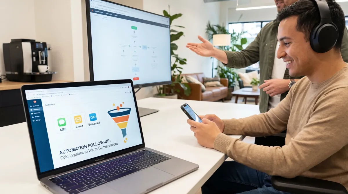 AutoConnect CRM automation dashboard sending instant SMS, email, and voicemail follow-ups to new leads automatically.