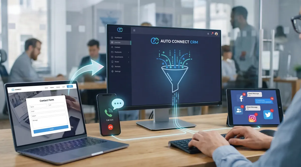 Dashboard showing leads from website forms, calls, chats, and social media captured inside AutoConnect CRM lead management system.