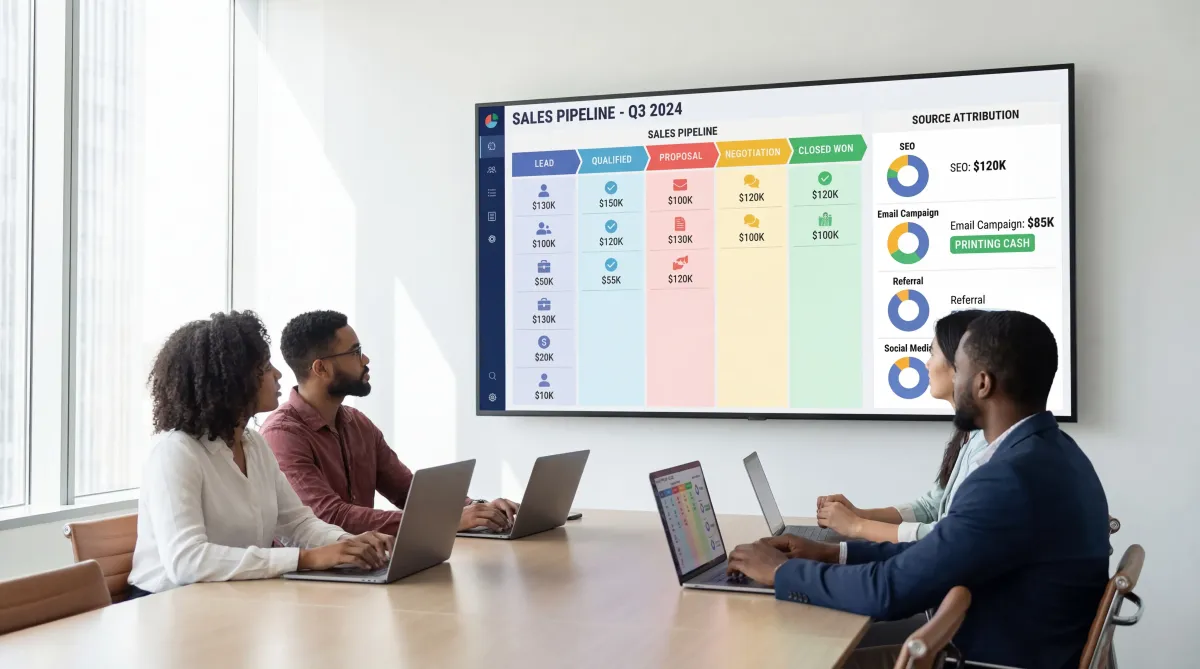 AutoConnect CRM sales pipeline dashboard tracking Calgary leads, deal stages, projected revenue, and marketing sources.