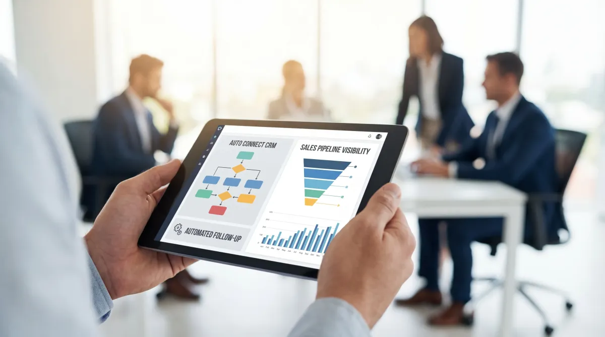CRM automation dashboard for lead tracking, follow-up sequences, and sales conversion with AutoConnect CRM