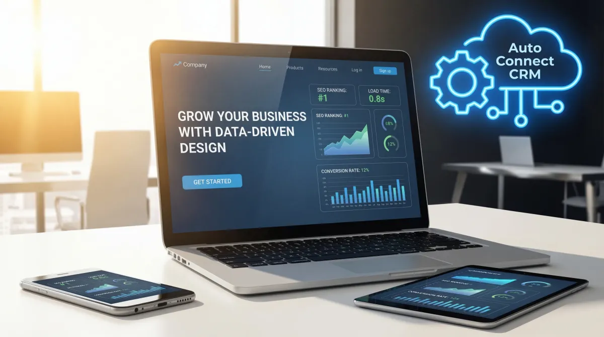 Calgary SEO website design interface inside AutoConnect CRM showing fast loading pages, lead tracking, and conversion optimization.