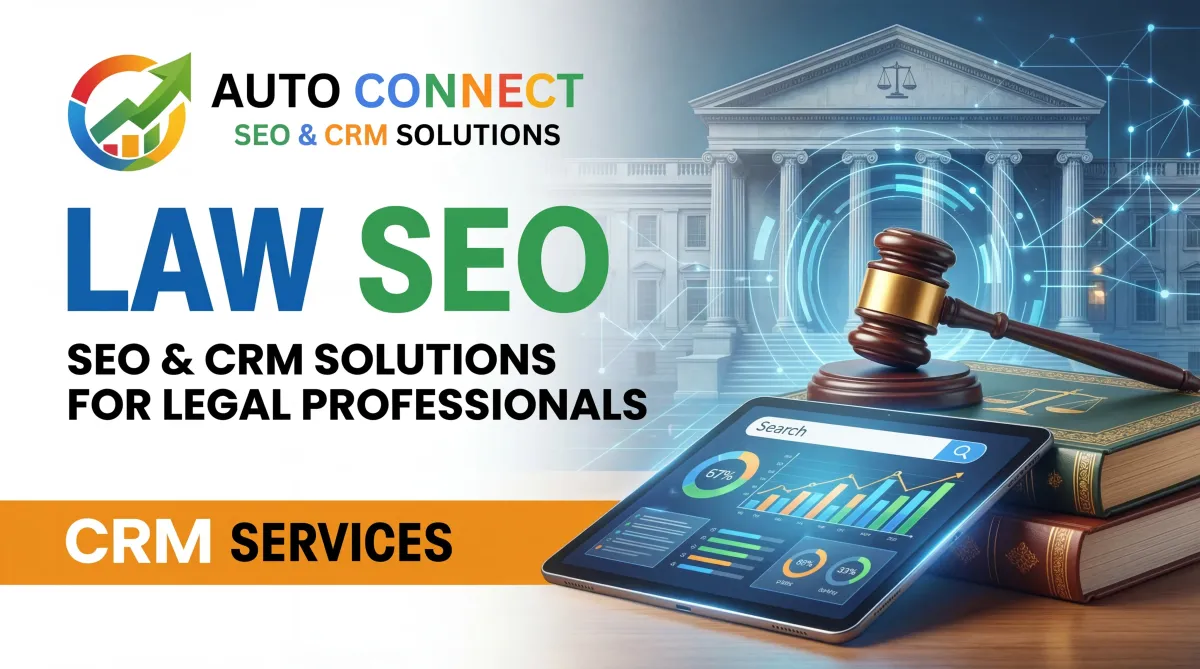 AutoConnect CRM law SEO and CRM services dashboard for Calgary law firms showing local search optimization, lead capture, pipeline tracking, and automated follow-up.