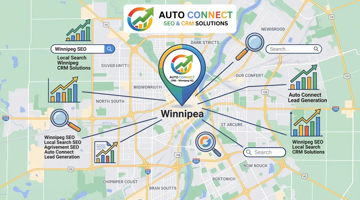 AutoConnect CRM SEO dashboard for Winnipeg businesses with local rankings, lead capture, pipeline tracking, and CRM automation.