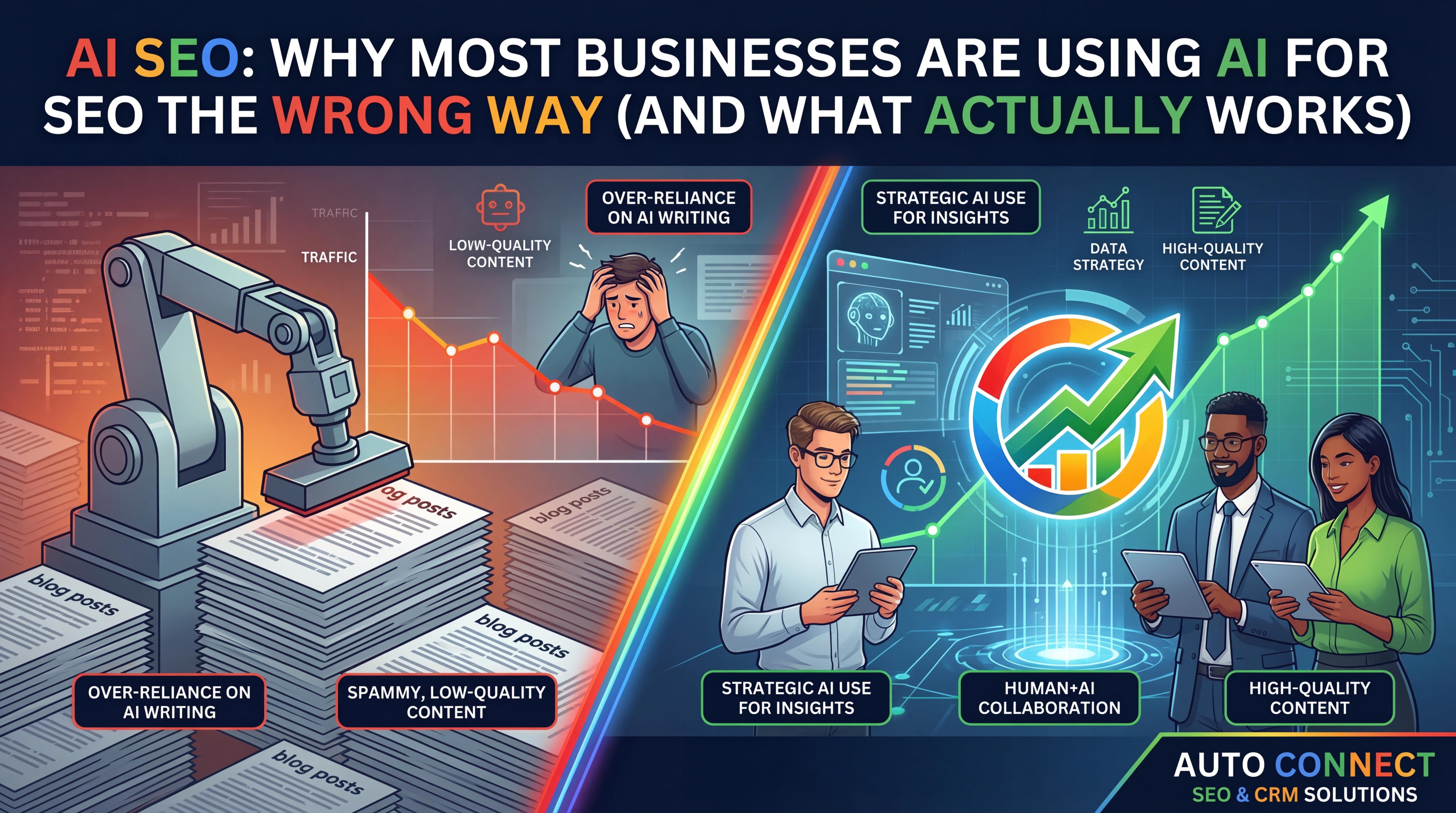 Futuristic AI SEO dashboard showing search rankings, local SEO signals, content workflows, CRM automation, and human strategy guiding growth.