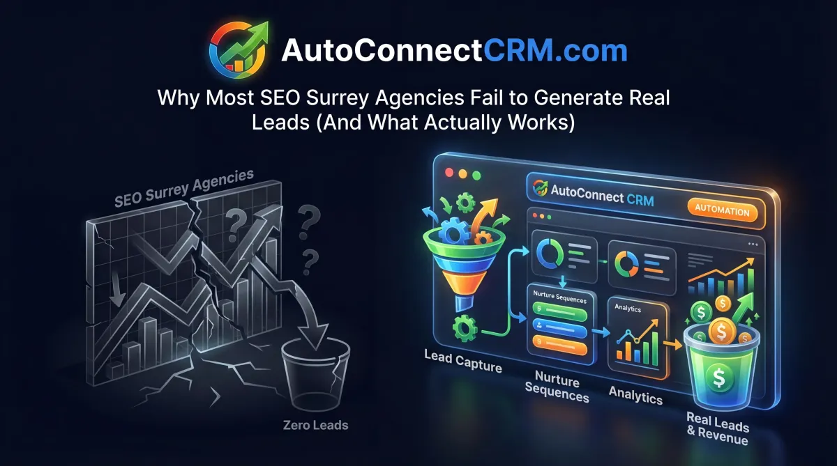 SEO Surrey strategy showing Google Maps, website rankings, and CRM lead conversion system for small business growth