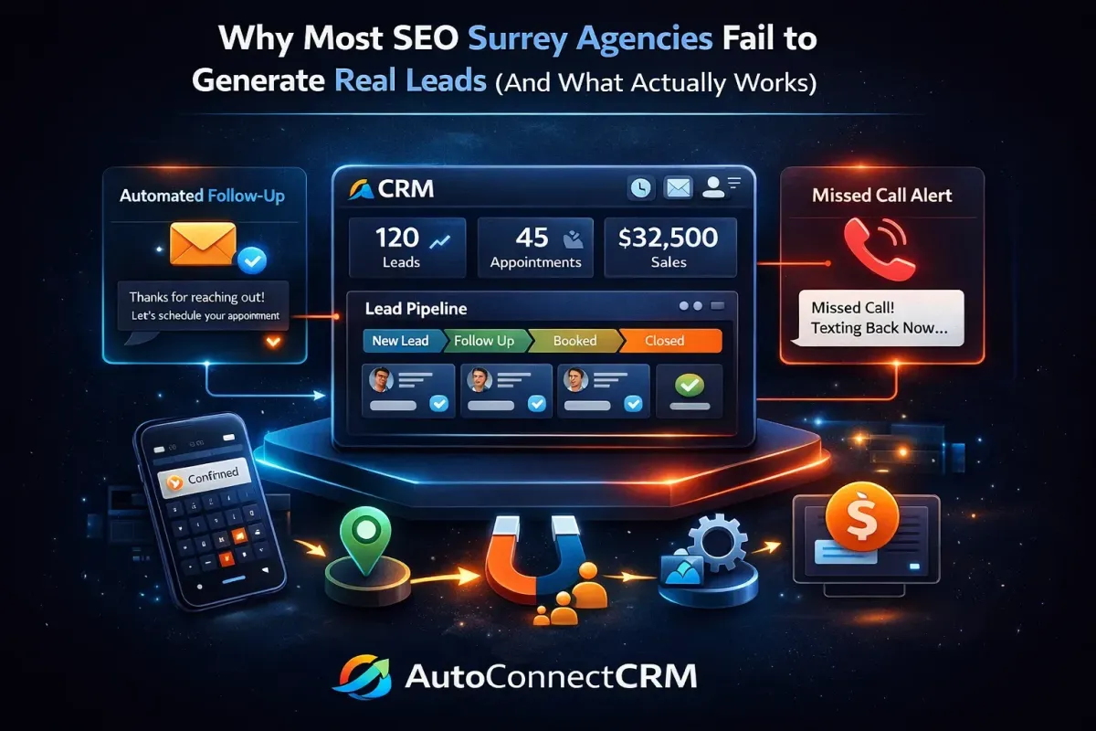 Search engine positioning illustration showing AutoConnectCRM dashboard, lead pipeline, automation, missed call text back, and CRM tools for Calgary SEO lead generation