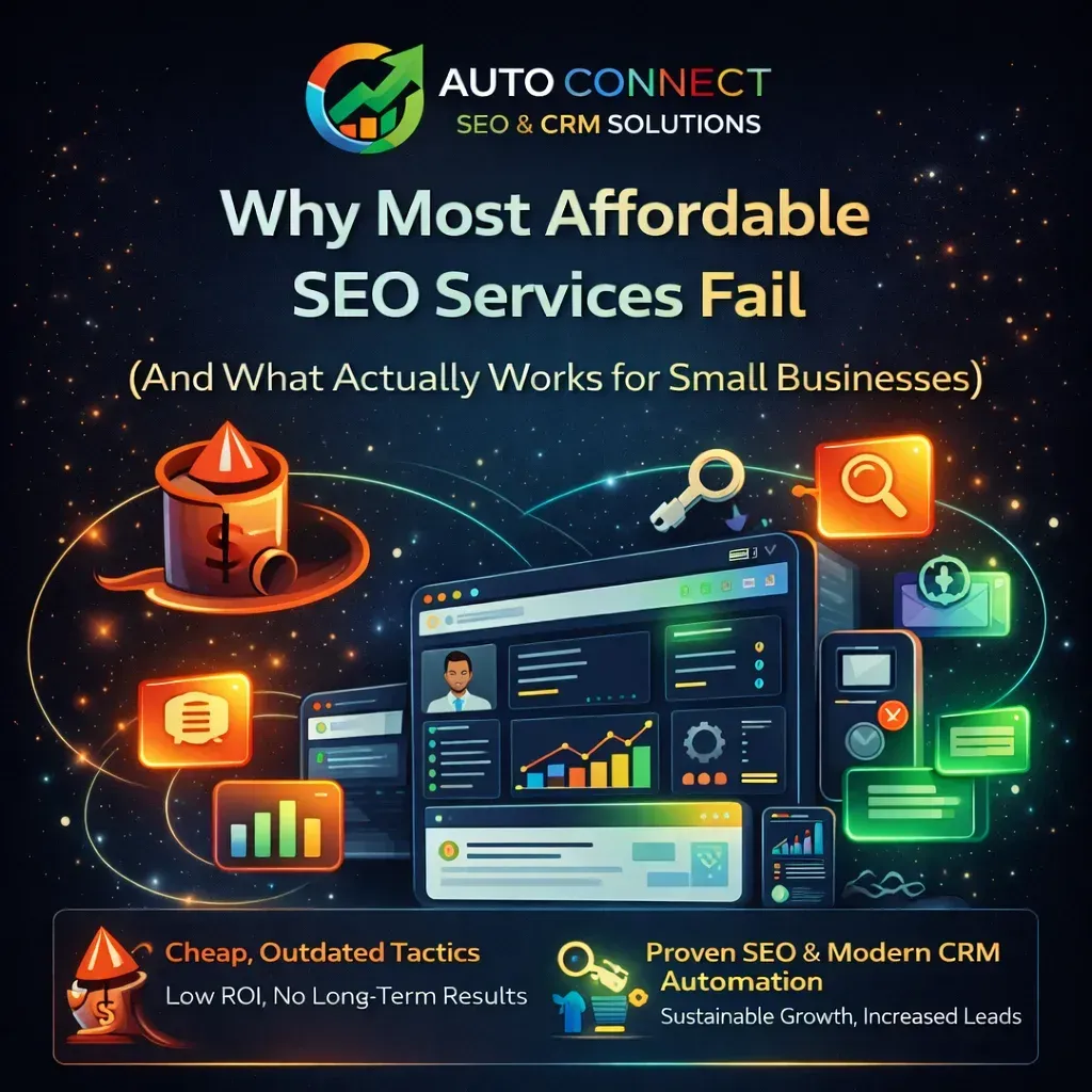 Infographic for AutoConnect CRM showing why most affordable SEO services fail, contrasted with modern SEO and CRM automation for small business growth.