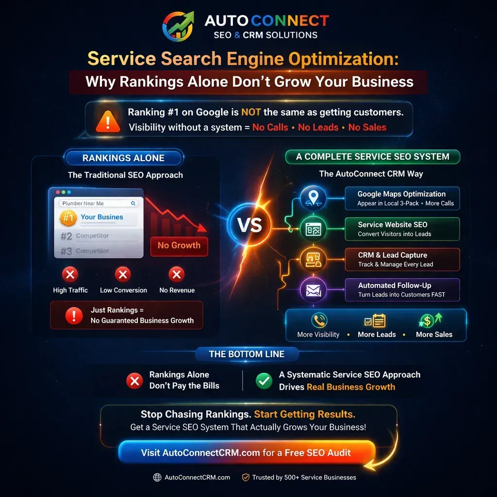 Infographic for AutoConnect CRM showing why service search engine optimization needs more than rankings, with Google Maps, website SEO, CRM lead tracking, and automated follow-up.