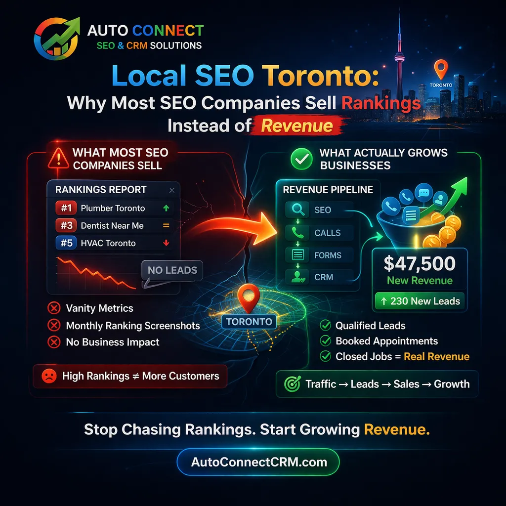 Square infographic for Auto Connect CRM showing that many Toronto SEO companies sell rankings and reports instead of real revenue, contrasting vanity metrics with leads, calls, booked jobs, and growth.