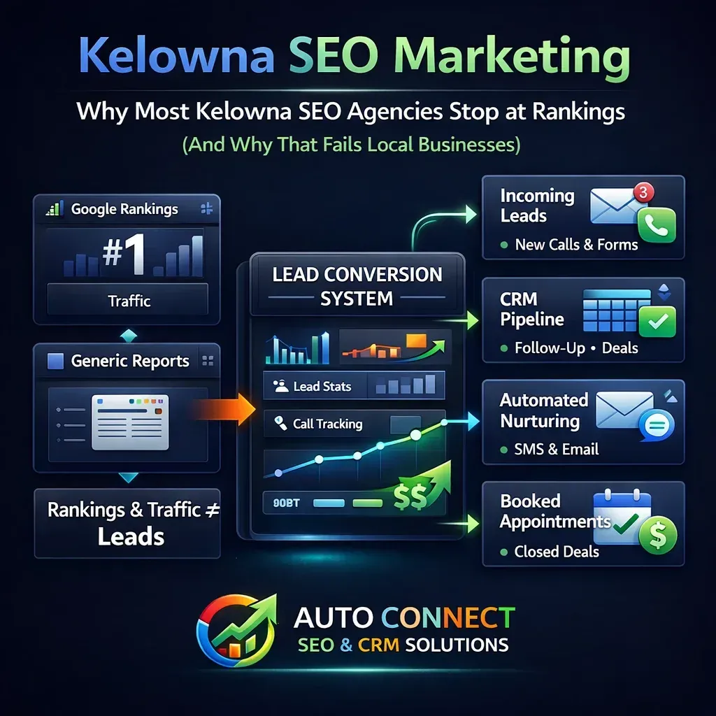 Infographic for Kelowna SEO marketing showing rankings and traffic flowing into a CRM pipeline that turns leads into customers for local businesses.