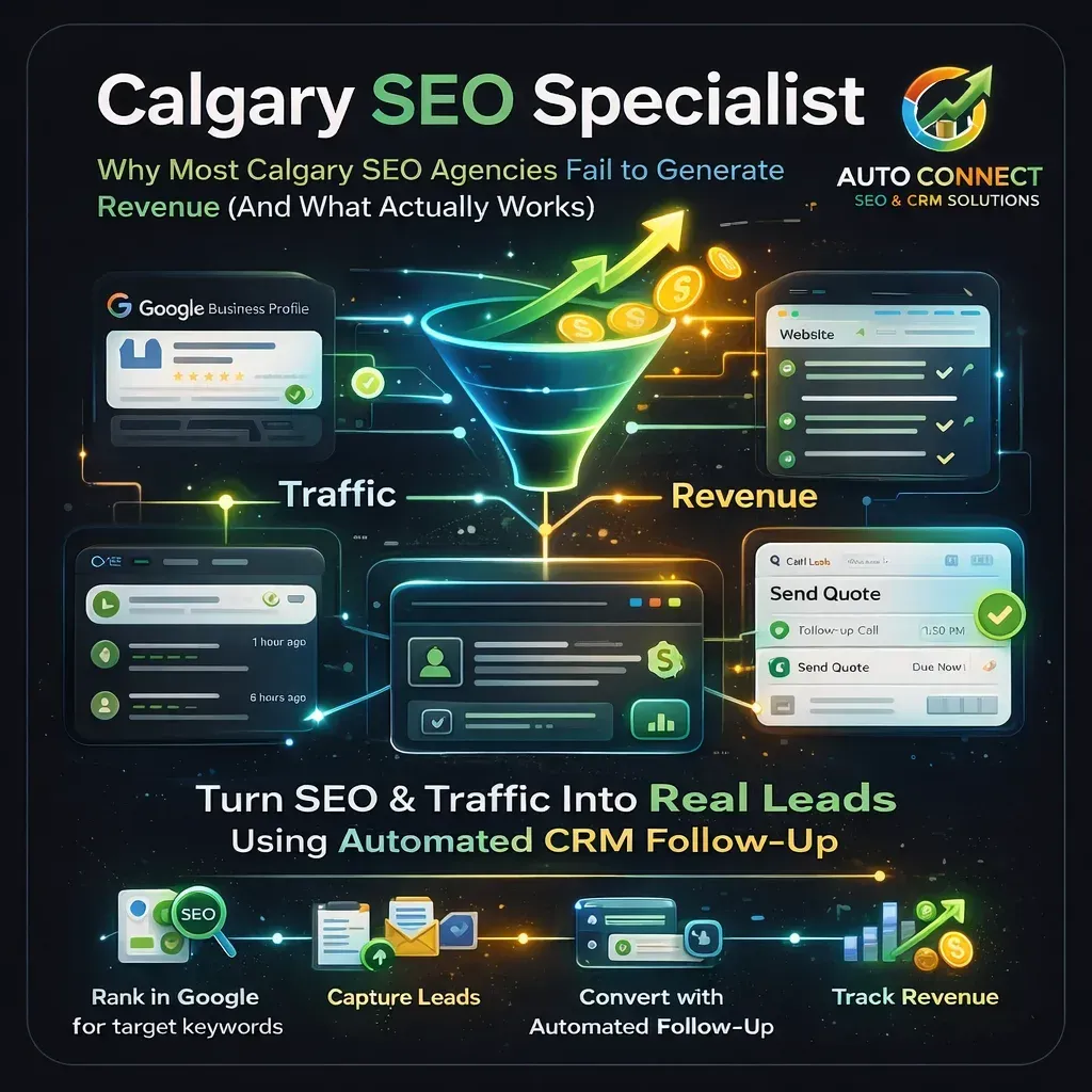 Final Thoughts infographic by Auto Connect CRM showing how the right Calgary SEO specialist combines local SEO, CRM automation, real leads, and revenue growth for small businesses