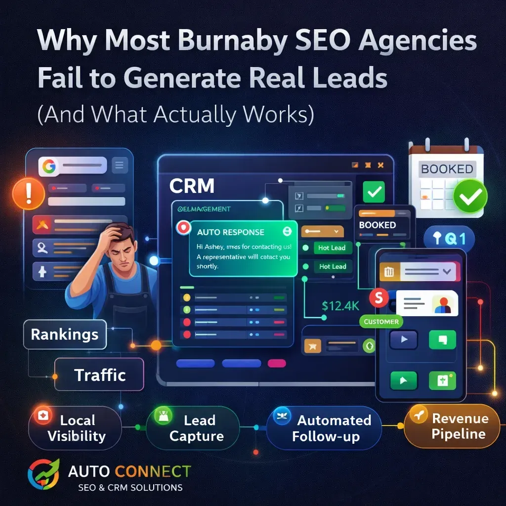 Infographic for AutoConnect CRM showing why most Burnaby SEO agencies fail to generate real leads, with CRM automation, lead capture, follow-up, and revenue pipeline visuals.